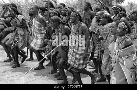 Stammesleute von Maasai Mara singen, tanzen und unterhielten die Besucher mit ihren traditionellen Bräuchen in ihrem Dorf Stockfoto