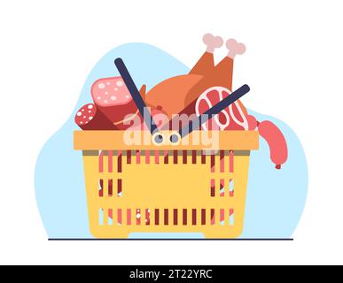 Korb gefüllt mit verschiedenen Fleischprodukten Koteletts, Würstchen, Speck, Schinken und Huhn. Sortiment der Metzgereien. Supermarktprodukte. Cartoon Stock Vektor