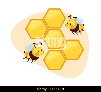 Bienen fliegen über Waben. Niedliche, hübsch gestreifte Insekten. Kinder entzückende Kreaturen, Honigverpackungsdekoration. Entzückende Hummel und Imker Stock Vektor