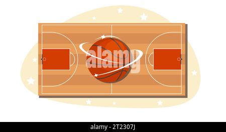 Basketballball auf dem Hintergrund des Basketballplatzes, Draufsicht. Leeres Hallenfeld, um Teamspiel zu spielen. Spielplatz für Wettkämpfe, Meisterschaftsstadion. Cartoon Stock Vektor