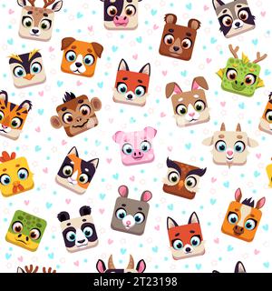 Nahtloses Muster mit Tieren. Wildtiere und einheimische quadratische Charaktere. Kindliches Textil, Geschenkpapier, Tapetendesign. Stoffdruck. Cartoon Stock Vektor