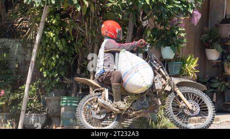 Pinrang Indonesia, 16. Oktober 2023: Motortaxi, ein spezielles Transportfahrzeug für das Rangieren von Bauernkorn von Reisfeldern, tagsüber in Maso Stockfoto