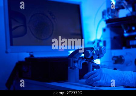 Reproduktionswissenschaftler, der ICSI ausführt, wird auf dem Computerbildschirm angezeigt Stockfoto