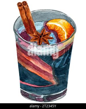 Weihnachtsgetränk Glühwein im Glas. Würziges Beerengetränk. Winterferien. Illustration mit Weihnachtsaquarell. Gemütlicher Winter. Isoliertes Objekt auf einem weiß Stockfoto