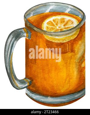 Aquarellillustration des russischen Tees mit Glas und Zutaten Sanddorn Zimtstab und Zitrone isoliert auf weißem Hintergrund. Weihnachtsgetränk Stockfoto