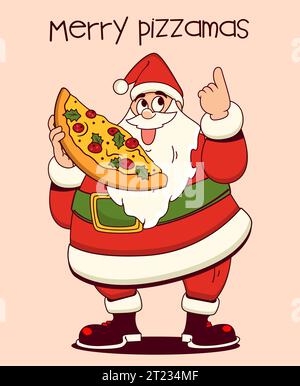 Weihnachtsmann-Cartoon-Figur mit einem Stück leckerer Pizza. Fröhliches Pizzamatext. Vektorabbildung. Stock Vektor