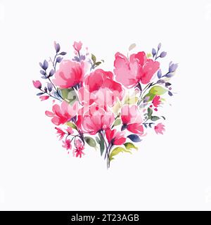 Aquarell wilde rosa Blumenstrauß, isoliert. Abstrakte Frühlingsblumen, Gras, Blattzweige, Blumenblätter im minimalen Stil. Stock Vektor