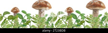 Wildpilz und Moos Aquarell handgezeichnete botanische realistische nahtlose Grenze. Waldboletus, grüne Pflanzen, Blätter. Ideal zum Bedrucken von Textilien Stockfoto
