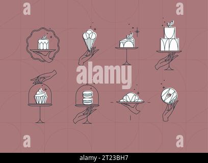 Desserts auf Kuchenständer in Art-Deco-Stil-Etiketten auf Korallenhintergrund Stock Vektor