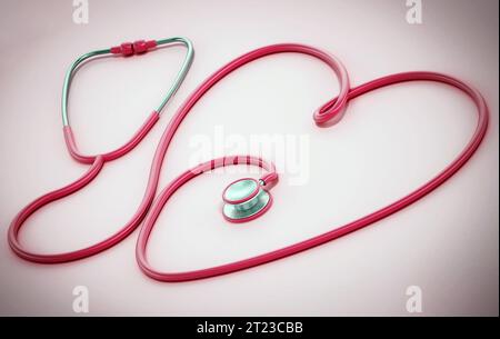 Stethoskop mit herzförmigen Karte. 3D-Darstellung. Stockfoto