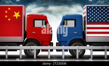 Lkw mit USA und China flags kommen in der schmale Straße. 3D-Darstellung. Stockfoto