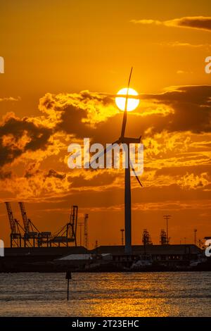 Sonnenuntergang hinter der Windturbine am Tilbury Docks von Gravesend Kent Stockfoto