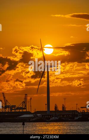 Sonnenuntergang hinter der Windturbine am Tilbury Docks von Gravesend Kent Stockfoto