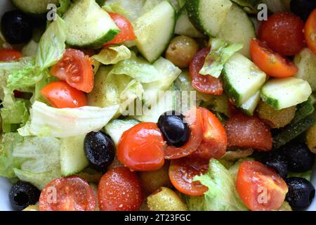 Schließen Sie mediterranen Salat mit Salat, Gurke, Kirschtomaten und Oliven Stockfoto