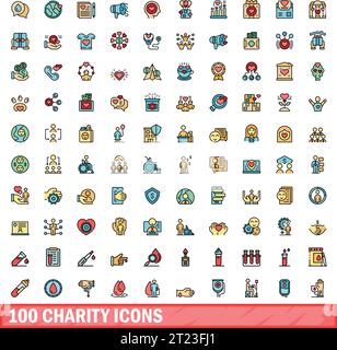 100 Symbole für wohltätige Zwecke. Farblinie Satz von Wohltätigkeitsvektorsymbolen dünne Linie Farbe flach auf weiß Stock Vektor