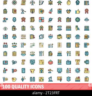 100 Qualitätssymbole festgelegt. Farblinie Satz von Qualitätsvektorsymbolen dünne Linie Farbe flach auf weiß Stock Vektor