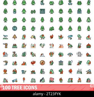 100 Baumsymbole festgelegt. Farblinienset der Vektorsymbole dünne Linie flach auf weiß Stock Vektor