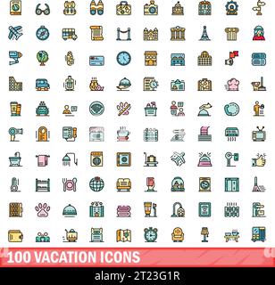 100 Symbole für Urlaub. Farblinie Satz von Urlaubsvektorsymbolen dünne Linie Farbe flach auf weiß Stock Vektor