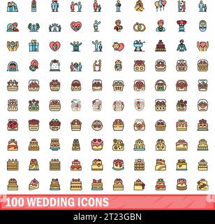 100 Hochzeitssymbole. Farblinie Satz von Hochzeitsvektorsymbolen dünne Linie Farbe flach auf weiß Stock Vektor