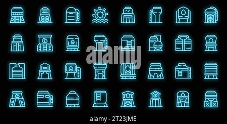 Wasserturmsymbole setzen Konturvektor. Tankindustrie. Turmpflanze Neonfarbe auf Schwarz Stock Vektor