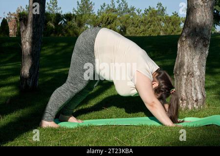 Fitness, Outdoor-Training, Gewichtsverlust. Fette Frau, die Übungen in der Natur macht. Übergewichtige Frau mittleren Alters macht Pilates im Stadtpark. Gesunder Lebensstil Stockfoto