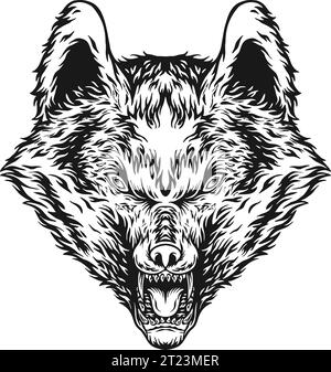Bösartige Wolf Spuk starren monochrome Vektor-Illustrationen für Ihre Arbeit Logo, Merchandise T-Shirt, Aufkleber und Etikettendesigns, Poster, Grußkarte Stock Vektor