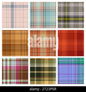 Tartanmuster setzen Vektorillustration. Schottische Stoffkollektion mit karierten Stoffen, traditionelles geometrisches Schottenmuster mit quadratischen Fliesen für Herbstkleidung und Decke, Tischdecke mit Textil-Design Stock Vektor