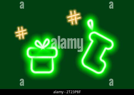 2 Neonsymbole mit Geschenkbox und Socke für Geschenke mit Hashtags. St. Nicolas-Tag. Designkonzept für Geburtstagsgrüße oder Einladungskarten, Zeichen oder Zeiger. Vektor für Poster, Banner, Broschüre, Plakatwand Stock Vektor