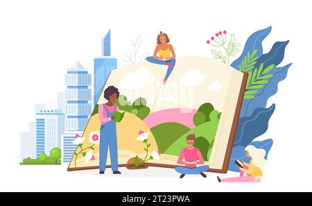 Magische Inspiration von Lesebüchern Vektorillustration. Cartoon Tiny Happy People lesen kreative Geschichten und Romanbücher, denken und genießen Kunstschöpfung von Autoren, Fantasy und Inspirationsgefühlen Stock Vektor