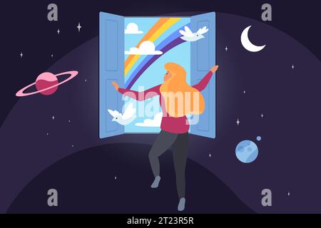 Tauchen Sie ein in die Fantasy-Welt, Freiheit und Hoffnung nach vorne Vektor-Illustration. Cartoon-Frau, die allein im Universum zwischen Sternen und Planeten fliegt, um die Tür zum Himmel, zum blauen Himmel, zum Regenbogen und zu Tauben in der Tür zu öffnen Stock Vektor