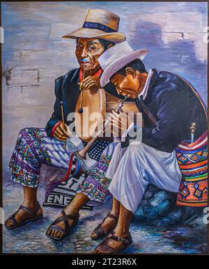 Guatemala, La Antigua - 20. Juli 2023: Finca La Azotea Museen. Malen. Flöte- und Trommelmusiker in Nahaufnahme Stockfoto