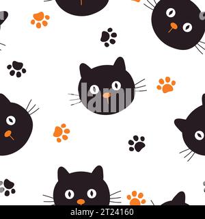 Nahtloses Muster mit niedlicher schwarzer Katze und Pfote. Vektorillustration auf weißem Hintergrund. Stock Vektor
