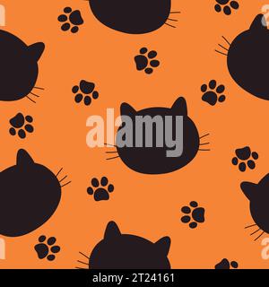Nahtloses Muster mit schwarzen Katzen. Vektor-Illustration mit Katzen und Pfoten auf orangem Hintergrund. Stock Vektor
