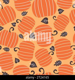 Nahtloses Kürbis-Muster. Herbstmuster mit Kürbis und Herbstblättern. Thanksgiving-Hintergrund. Vektordarstellung. Stock Vektor