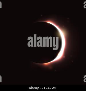 Sonnenfinsternis-Konzept. Heller goldener Mondschein Hintergrund. Sonnenfinsternis oder Planetenfinsternis im dunklen Raum. Heiße gelbe orangefarbene Sternoberfläche mit Strahlen- und Strahleneffekten. Vektorsichel-Illustration Stock Vektor