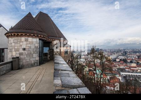 Schloss Ljubljana, im Winter verschneite Innenräume. Slowenien Stockfoto