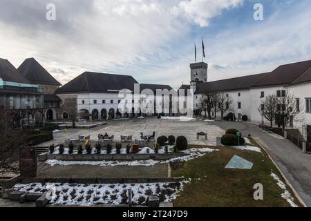 Schloss Ljubljana, im Winter verschneite Innenräume. Slowenien Stockfoto