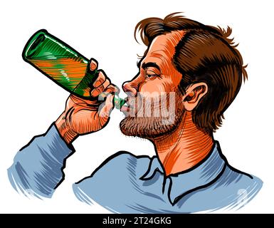 Ein alkoholischer Mann trinkt eine Flasche Bier. Handgezeichnete Tinte auf Papier und handkoloriert auf Tablette Stockfoto
