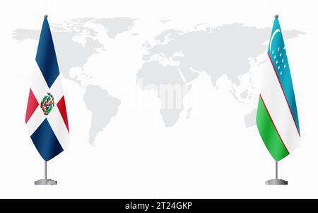 Dominikanische Republik und Usbekistan Flaggen zum offiziellen Treffen vor dem Hintergrund der Weltkarte. Stock Vektor