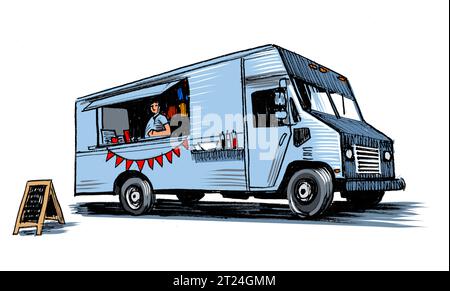 Amerikanischer Food Truck. Handgezeichnete Tinte auf Papier und handkoloriert auf Tablette Stockfoto