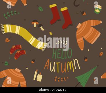 Nahtloses herbstmuster: Warmer Pullover, Gummistiefel, Wollsocken, Regenschirm. Vektor-Motiv-Illustration. Zusammensetzung von warmer Kleidung und Herbstlaub Stock Vektor