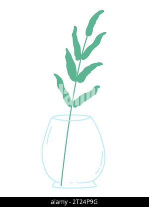 Grüner Zweig in einer runden Glasvase auf weißem Hintergrund. Vektorentwurzelemente. Stock Vektor