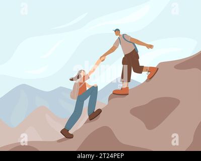 Glückliche Reisende klettern Berge Vektor Illustration. Das Konzept von Helfen und Teamarbeit beim Wandern. Wanderer mit Rucksäcken Stock Vektor