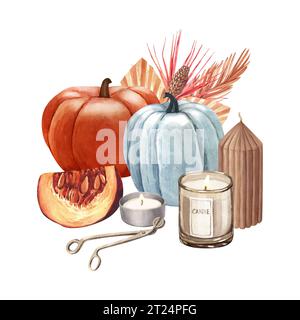 Wasserfarbenkerzen und Kürbisse, Herbstdekor. Handgezeichnete Illustration isoliert auf weißem Hintergrund, gemütliches Haus und Hygge Konzept. Perfekt für die Speisekarte Stockfoto