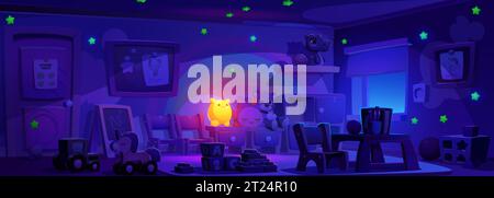 Innenraum des Kindergartens in der Nacht: Dunkler Vorschulraum mit Tisch und Stühlen, Tafel und Spielzeug. Karikaturvektor-Illustration der Abendausbildung und des Spielhauses mit Licht aus der Lampe. Stock Vektor
