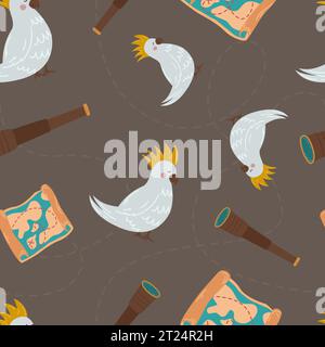 Süßer Papagei und Piraten Objekt Vektor nahtlose Muster. Spionageglas und Schatzkarte des Piraten. Grafikdruck für Stoffe, Geschenkpapier, Karten und Babyartikel Stock Vektor