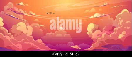 Sonnenuntergang Anime Wolke Vektor Zeichentrickszene Hintergrund. Air-Design bei bewölktem Wetter im Sommer. Wunderschöne pinkfarbene, orange und lila Panoramatapete am Abend. Flauschige romantische Horizont-Grafik-Illustration Stock Vektor