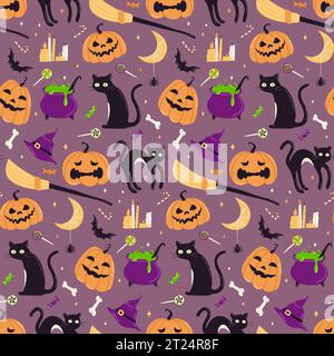 Niedliches nahtloses Halloween-Vektor-Muster. Kürbisse mit verschiedenen Gesichtern, schwarze Katze, Hexentrank und Besen, Fledermaus, Süßigkeiten und Süßigkeiten. Ideal zum Einwickeln Stock Vektor
