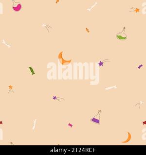 Nahtloses Halloween-Muster. Mond, Gift, Sterne, Süßigkeiten und Knochen. Trick or Treat. Vektorabbildung. Stock Vektor