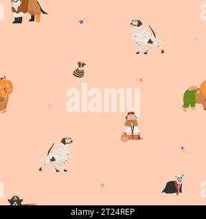 Halloween nahtloses Muster mit Hunden in niedlichen halloween Kostümen. Biene, Pirat, Mumie und Vogelscheuche. Trick or Treat. Happy Halloween Vektor Illustration Stock Vektor